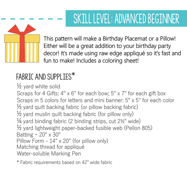 Birthday Placemat or Pillow Pattern - PAPER