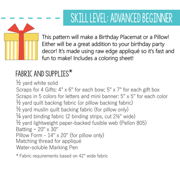 Birthday Placemat or Pillow Pattern - PDF